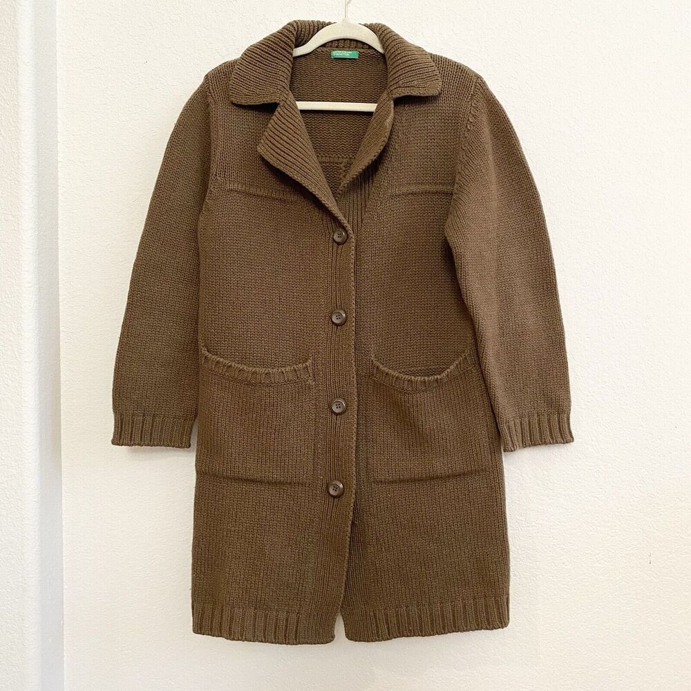 United Colors of Benetton Long Wool Brown Sweater Cardigan with Shawl Collar M/L